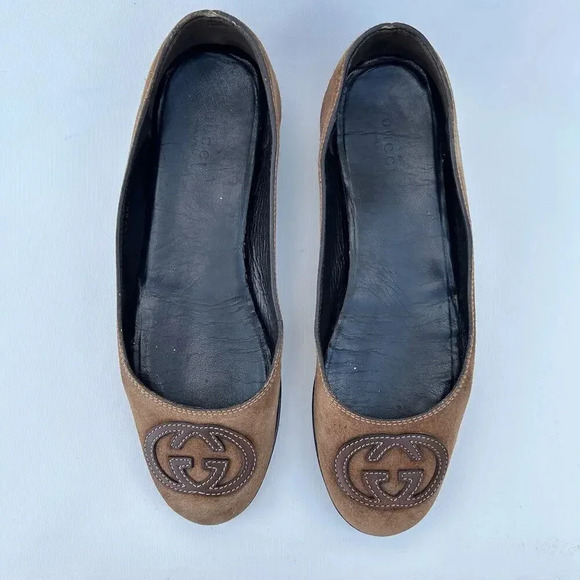 Gucci Interlocking GG Logo Ballet Flats Shoes Brown Suede Slip Ons 7.5 Size 37.5 - Picture 6 of 11